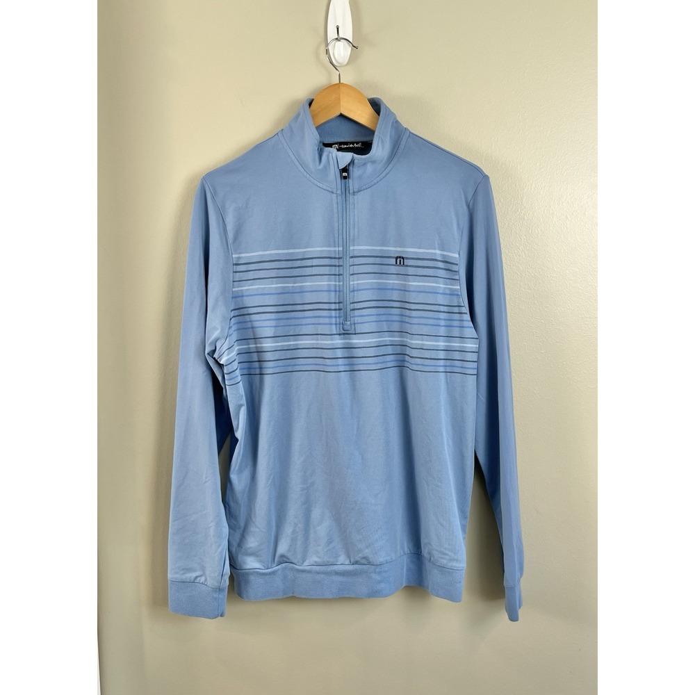 Travis Mathew Pullover Mens‎ Medium Performance Quarter Zip Pocket Blue Striped